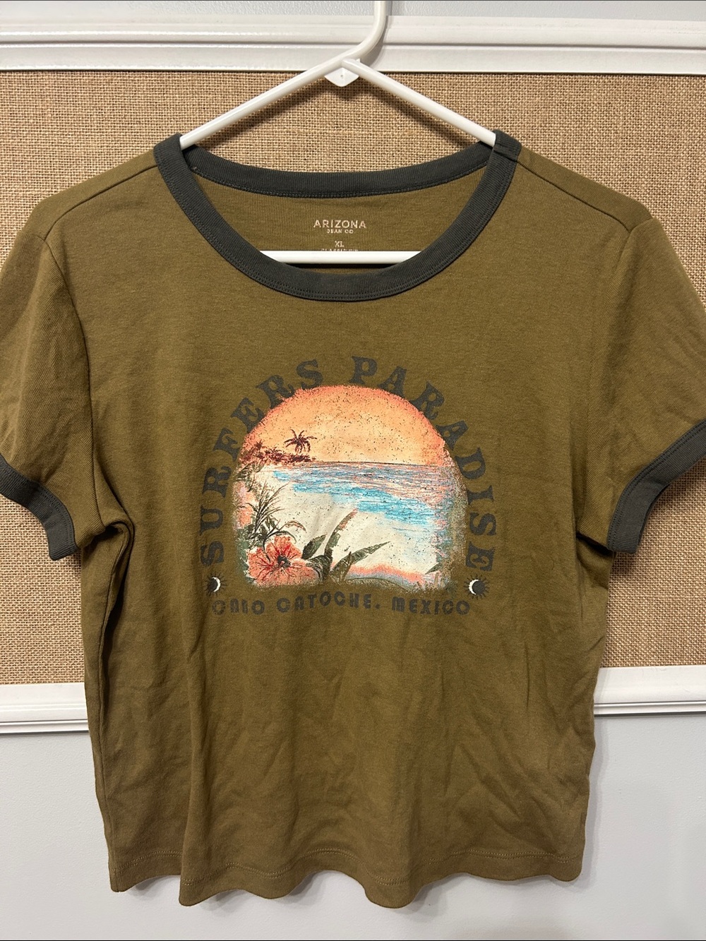 Arizona Jean Company Olive Ringer Tee with Sunset Beach Graphic